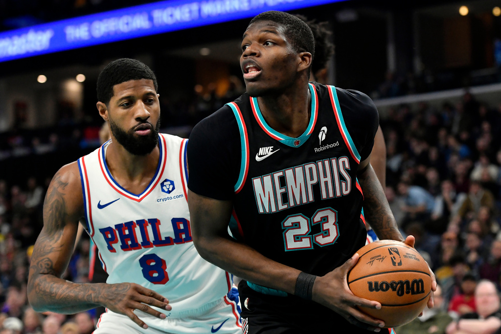 Memphis Grizzlies guard Cedric Coward (23) handles the ball ahead of Philadelphia 76ers forward Paul George (8) in the first half of an NBA basketball game Tuesday, Dec. 30, 2025, in Memphis, Tenn. (AP Photo/Brandon Dill)