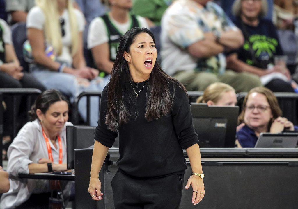 Valkyries head coach Natalie Nakase reacts to a play on the court in the second half as the Golden State Valkyries played the Minnesota Lynx in Game 1 of the WNBA first round playoffs at Target Center in Minneapolis, Minn, on Sunday, Sept. 14, 2025. (Carlos Avila Gonzalez/San Francisco Chronicle via AP)