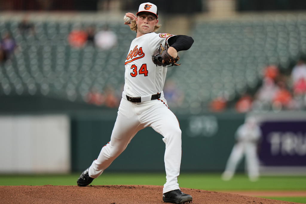 Baltimore Orioles starting pitcher Shane Baz (34) delivers during the first inning of a baseball game against the Tampa Bay Rays, Tuesday, May 26, 2026, in Baltimore. (AP Photo/Stephanie Scarbrough)