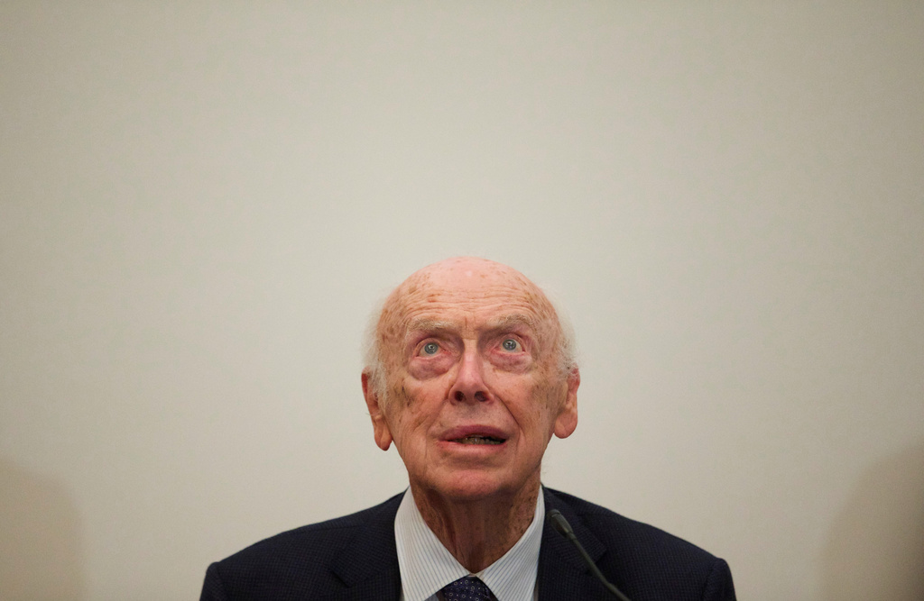 FILE - U.S. Nobel laureate, biologist James Watson speaks at the Russian Academy of Sciences, in Moscow, Russia, Wednesday, June 17, 2015. (AP Photo/Ivan Sekretarev, File)