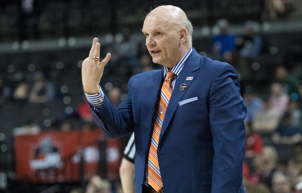 FILE - Saint Joseph's head coach Phil Martelli gestures during the first half of an NCAA college basketball game in the Atlantic 10 Conference tournament against the Davidson, March 15, 2019, in New York. (AP Photo/Mary Altaffer, file)