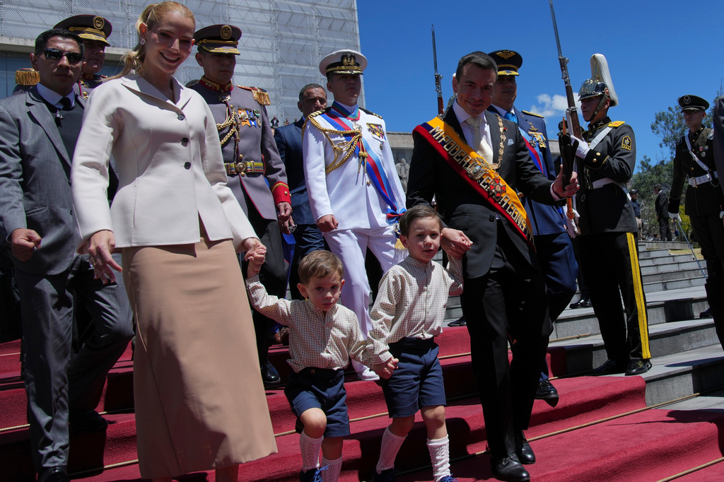 President Daniel Noboa and his family leave the National Assembly after delivering his State of the Nation address at the National Assembly in Quito, Ecuador, Sunday, May 24, 2026. (AP Photo/Dolores Ochoa)