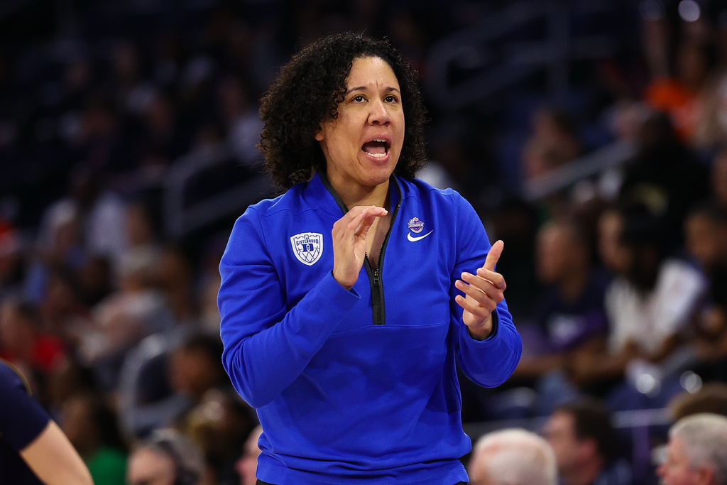Duke head coach Kara Lawson reacts during the first half of an NCAA college basketball game against Notre Dame in the semifinals of the Atlantic Coast Conference tournament, Saturday, March 7, 2026, in Duluth, Ga. (AP Photo/Colin Hubbard)
