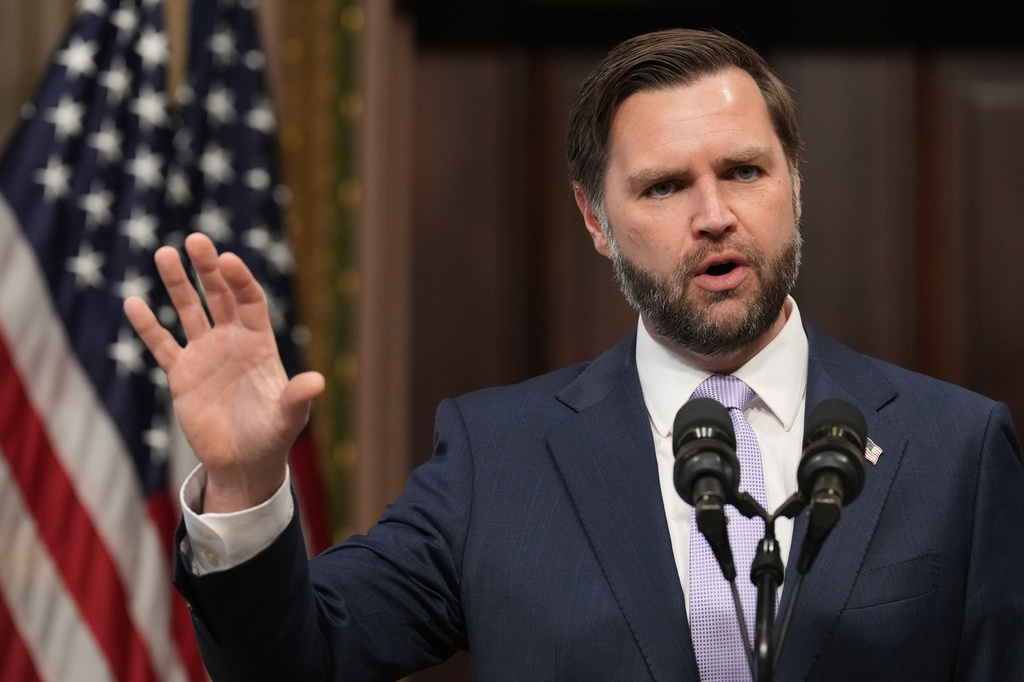 Vice President JD Vance speaks to the media from the Eisenhower Executive Office Building on the White House campus, Wednesday, May 13, 2026, in Washington. (AP Photo/Jacquelyn Martin)