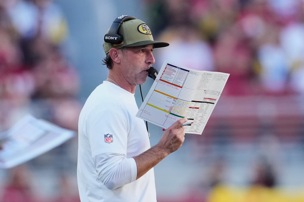 San Francisco 49ers head coach Kyle Shanahan watches from the sideline during the first half of an NFL football game against the Los Angeles Rams in Santa Clara, Calif., Sunday, Nov. 9, 2025. (AP Photo/Godofredo A. Vásquez)