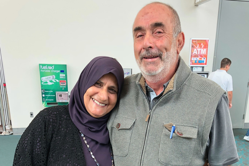 This undated photo provided by Yasser Kaziha shows his father, Mansour Kaziha, right, who died in the Monday, May 18, 2026 shooting at a San Diego mosque, and his mother, Sabah Kaziha. (Yasser Kaziha via AP)
