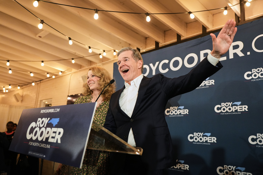 North Carolina Democratic Senate candidate former Gov. Roy Cooper speaks at a primary election night watch party Tuesday, March 3, 2026, in Raleigh, N.C. (AP Photo/Matt Ramey)