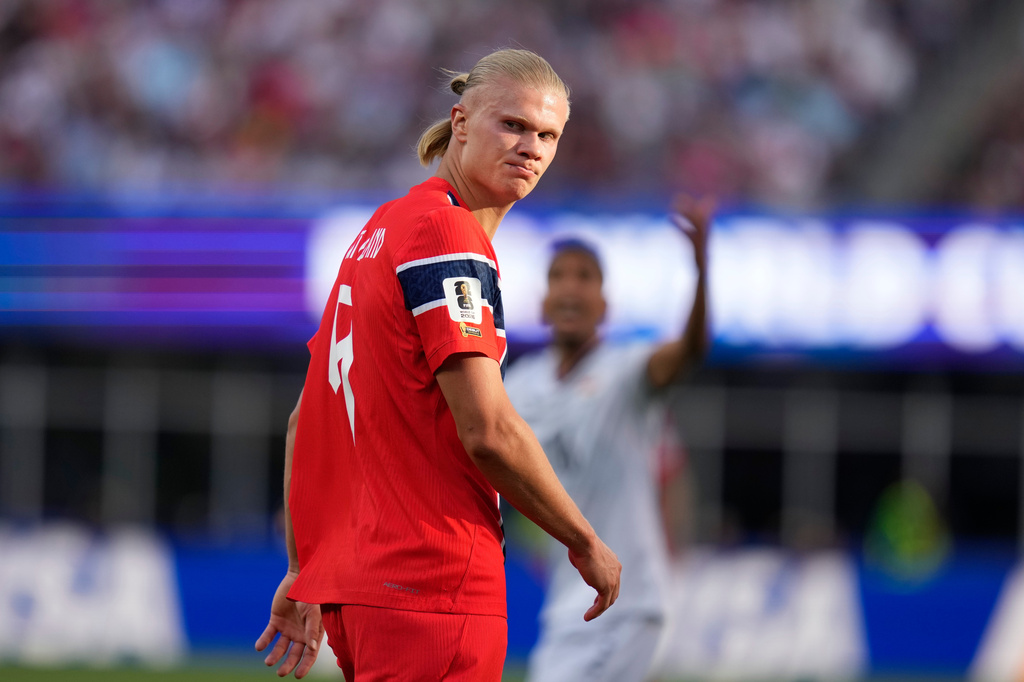 Norway's Erling Haaland (9) reacts during the World Cup Group I soccer match between Iraq and Norway in Foxborough, Mass., near Boston, Tuesday, June 16, 2026. (AP Photo/Charles Krupa)