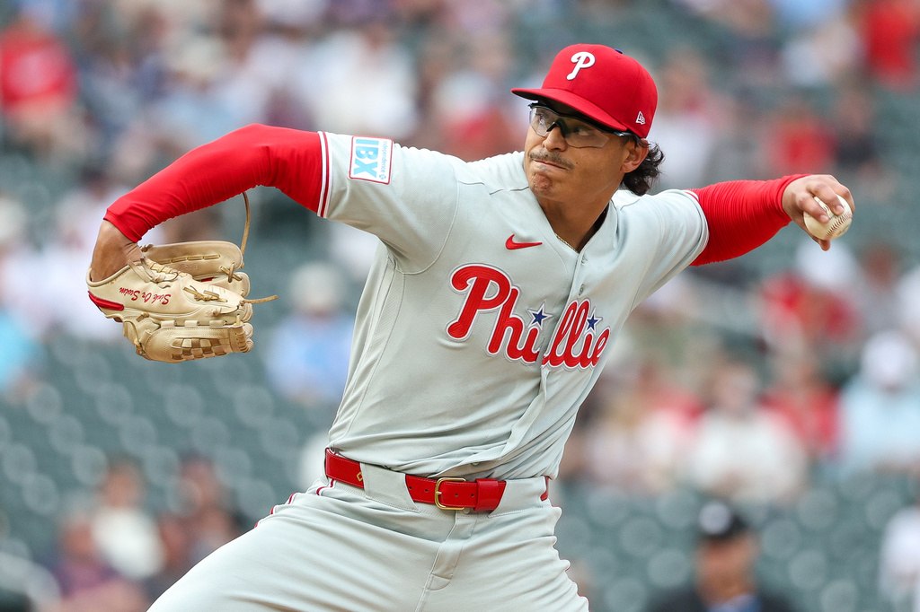 Philadelphia Phillies starting pitcher Jesús Luzardo delivers against the Minnesota Twins during the first inning of a baseball game, Saturday, Aug. 15, 2026, in Minneapolis. (AP Photo/Matt Krohn)