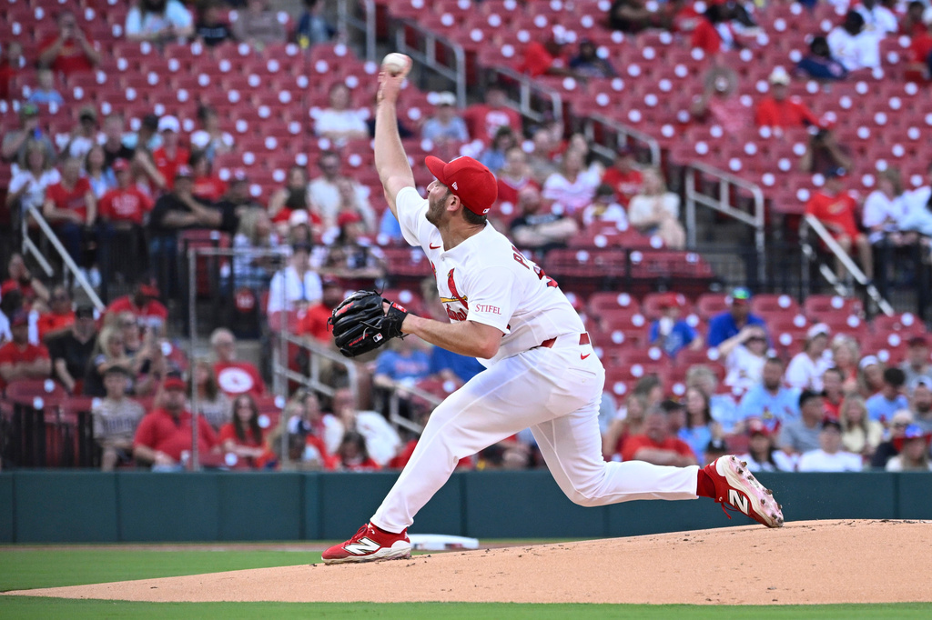 St. Louis Cardinals starting pitcher Andre Pallante throws in the first inning of a baseball game against the San Diego Padres, Tuesday, June 16, 2026, in St. Louis. (AP Photo/Joe Puetz)