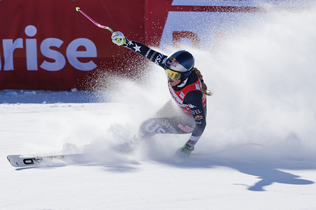 United States' Lindsey Vonn gets to the finish area after completing an alpine ski, women's World Cup downhill, in St. Moritz, Switzerland, Saturday Dec. 13, 2025. (AP Photo/Luciano Bisi)