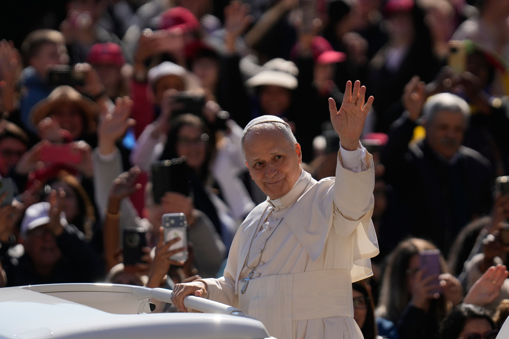 Pope Leo XIV arrives for his weekly general audience in St. Peter's Square, at the Vatican, Wednesday, April 8, 2026. (AP Photo/Gregorio Borgia)