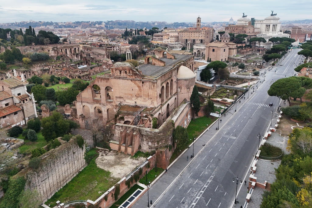 An aerial view of the Roman Forum, in Rome, Thursday, Dec. 4, 2025. (AP Photo/Andrew Medichini)