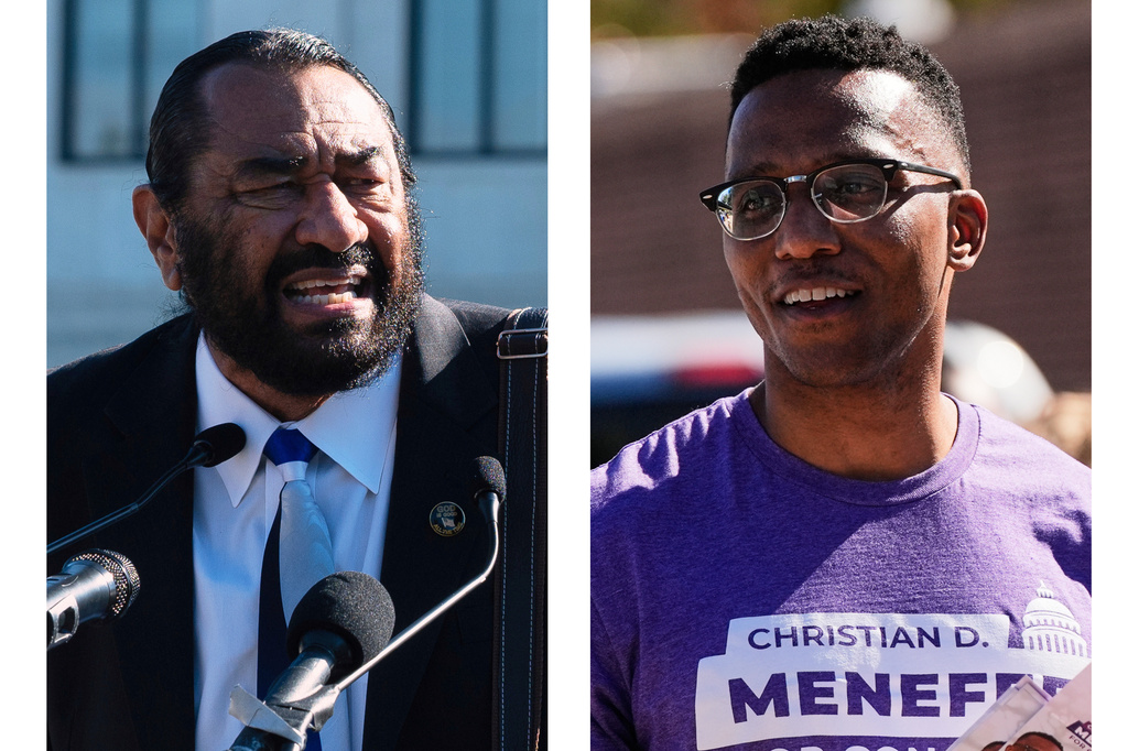 FILE - This combination of file images shows Rep. Al Green, D-Texas, in Washington on Oct. 15, 2025, left, and Rep. Christian Menefee, D-Texas, in Houston on Nov. 4, 2025. (AP Photo/Cliff Owen/Ashley Landis, File)