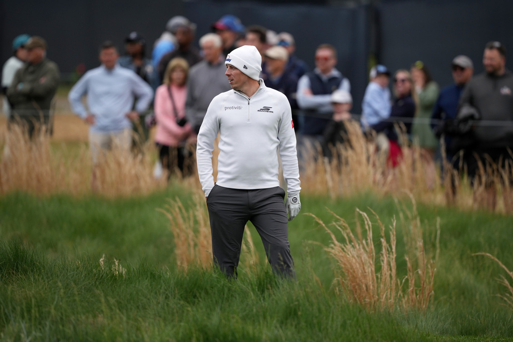 Matt Fitzpatrick walks down the ninth hole during practice before the PGA Championship golf tournament at the Aronimink Golf Club Monday, May 11, 2026, in Newtown Square, Pa. (AP Photo/Matt Slocum)