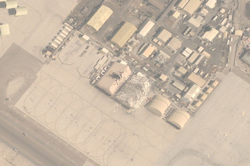 This image from an Airbus Defence and Space's Pléiades Neo satellite shows damage after Iranian attacks targeting Al Dhafra Air Base in Abu Dhabi, United Arab Emirates, March 15, 2026. (Airbus Defence and Space© via AP)