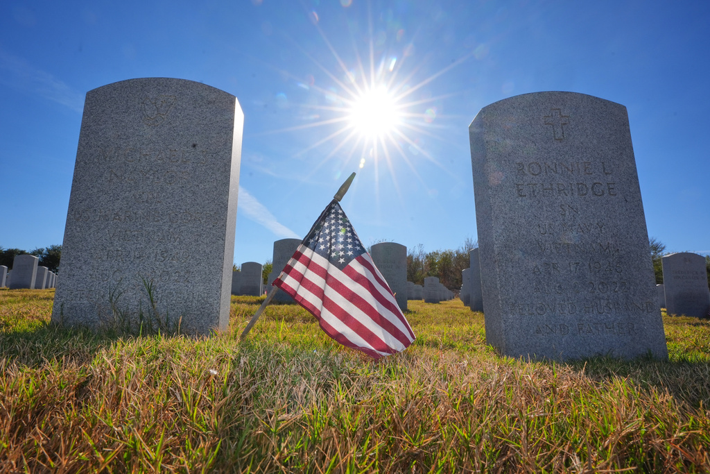 A mini U.S. flag sits amongst grave markers of U.S. veterans at the Dallas-Fort Worth National Cemetery where the upcoming annual Veterans Day program has been canceled due to the federal government shutdown in Dallas, Tuesday, Nov. 4, 2025. (AP Photo/LM Otero)