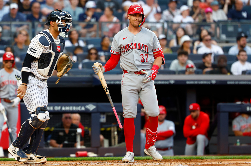 Cincinnati Reds' Tyler Stephenson (37) reacts after striking out during the second inning of a baseball game against the New York Yankees , Friday, June 19, 2026, in New York. (AP Photo/Noah K. Murray)