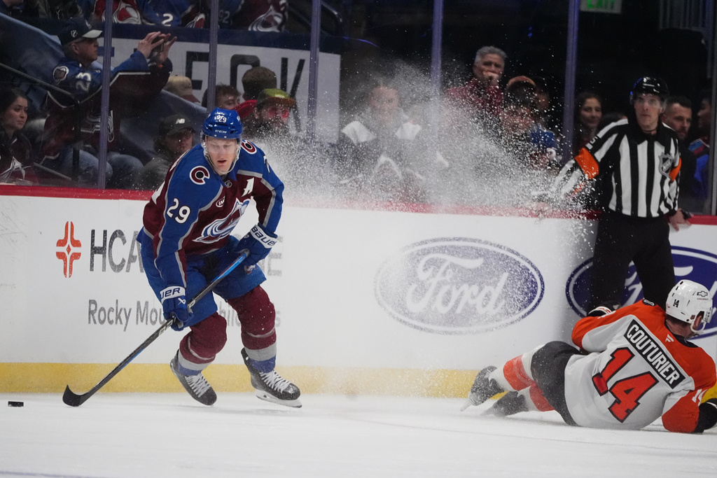 Colorado Avalanche center Nathan MacKinnon, left, collects the puck as Philadelphia Flyers center Sean Couturier (14) tumbles to the ice in the second period of an NHL hockey game Friday, Jan. 23, 2026, in Denver. (AP Photo/David Zalubowski)