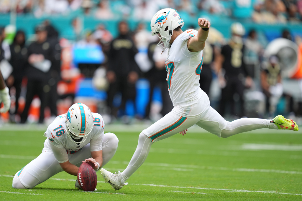 Miami Dolphins place kicker Riley Patterson (47) aims for an extra point during the first half of an NFL football game against the New Orleans Saints Sunday, Nov. 30, 2025, in Miami Gardens, Fla. (AP Photo/Rebecca Blackwell)
