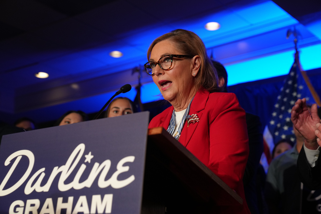 Sen. Darline Graham, R-S.C., gives a speech to supporters after winning a special Republican primary runoff to replace her brother, the late Sen. Lindsey Graham, R-S.C., in the November general election, Tuesday, Aug. 25, 2026, in Columbia, S.C. (AP Photo/Meg Kinnard)