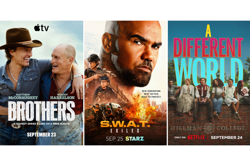 This combination of images show promotional art for "Brothers," from left, "S.W.A.T. Exiles," and "A Different World." (Apple TV/Starz/Netflix via AP)