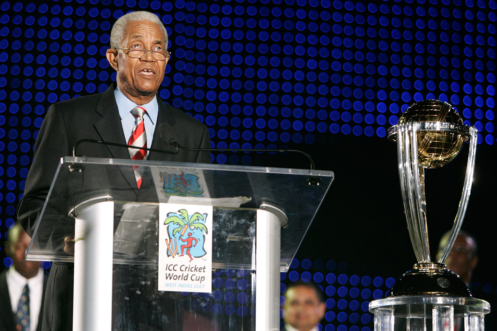 FILE - West Indies' cricket legend Sir Garfield Sobers speaks during the opening ceremony of the ICC Cricket World Cup at Trelawny Stadium, Jamaica, March 11, 2007. (AP Photo/Andres Leighton, File)