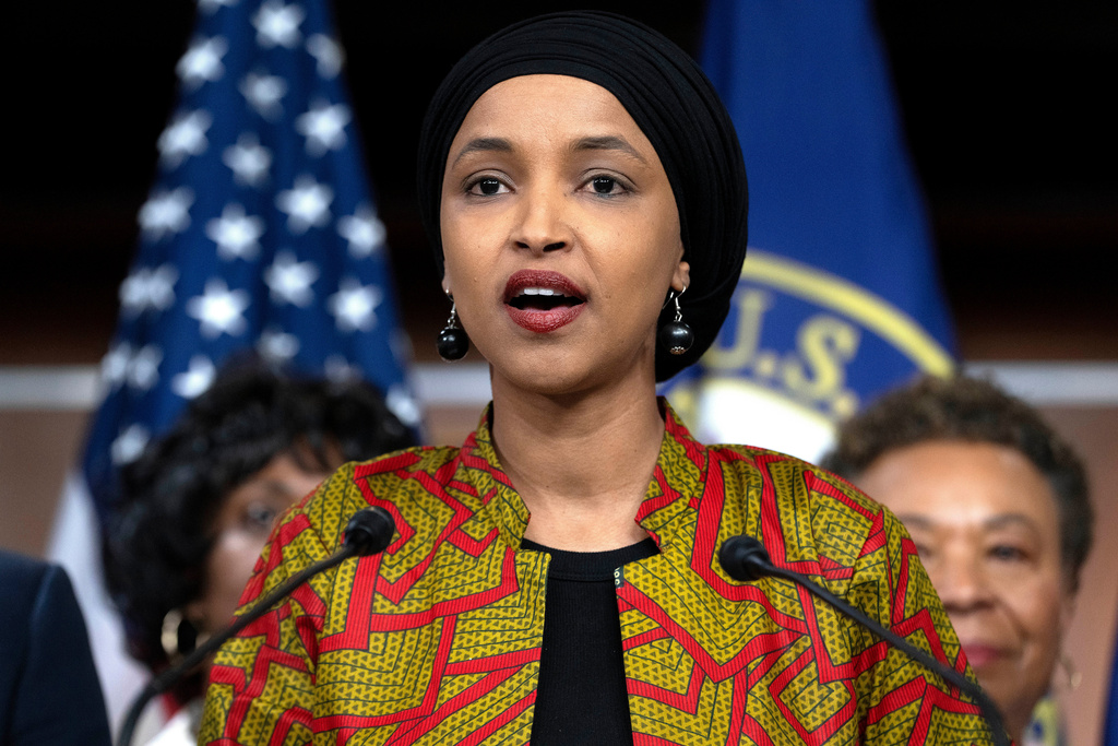 FILE - Rep. Ilhan Omar, D-Minn., speaks during a news conference, May 24, 2023, on Capitol Hill in Washington. (AP Photo/Jacquelyn Martin, File)