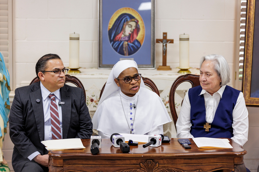 Sister Leticia "Letty" Ugboaja speaks during a news conference at Our Lady of Sorrows Catholic Church on Thursday, July 23, 2026, in McAllen, Texas. (AP Photo/Michael Gonzalez)