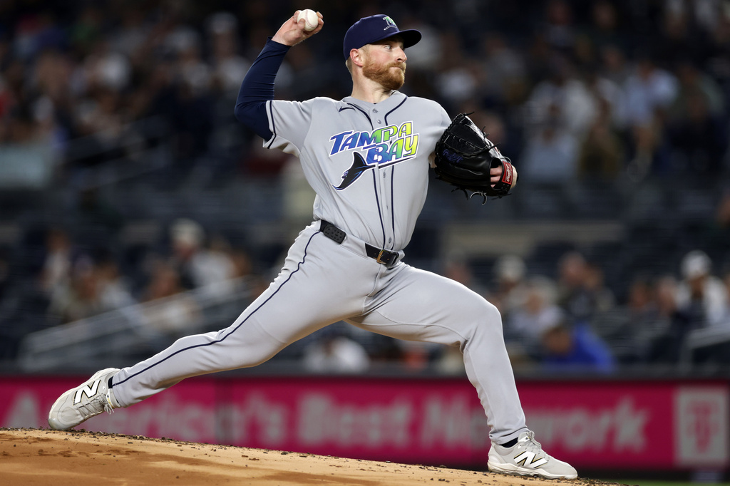 Tampa Bay Rays pitcher Drew Rasmussen throws in the first inning during the second baseball game of a doubleheader against the New York Yankees, Tuesday, Sept. 22, 2026, in New York. (AP Photo/Adam Hunger)