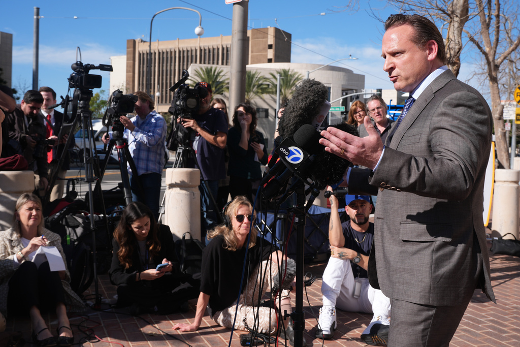 Defense attorney Anthony Colombo speaks about his client Ryan Wedding, a former Canadian Olympic snowboarder accused of running a vast cocaine smuggling ring and related killings, outside the Ronald Reagan Federal Courthouse, Monday, Jan. 26, 2026, in Santa Ana, Calif. (AP Photo/Damian Dovarganes)