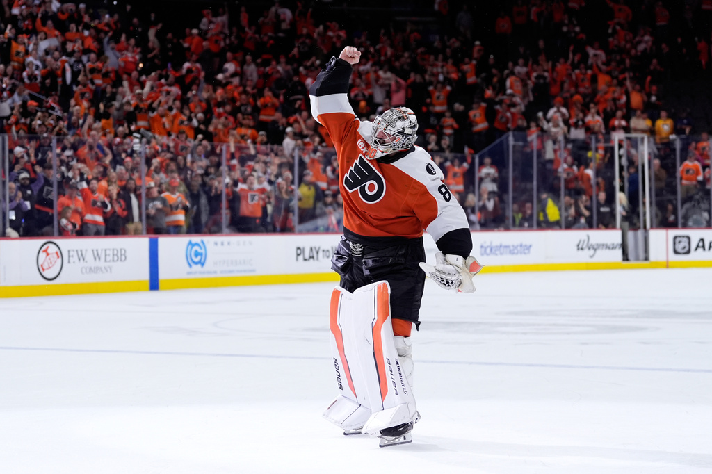 Philadelphia Flyers' Dan Vladar reacts after the Flyers won Game 6 against the Pittsburgh Penguins in the first round of the NHL hockey Stanley Cup playoffs series Wednesday, April 29, 2026, in Philadelphia. (AP Photo/Matt Slocum)