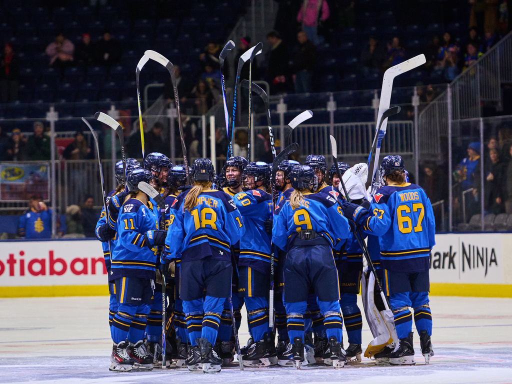 The Toronto Sceptres celebrate their win over the Ottawa Charge in a PWHL hockey game in Toronto, Thursday, Dec. 4, 2025. (Sammy Kogan/The Canadian Press via AP)