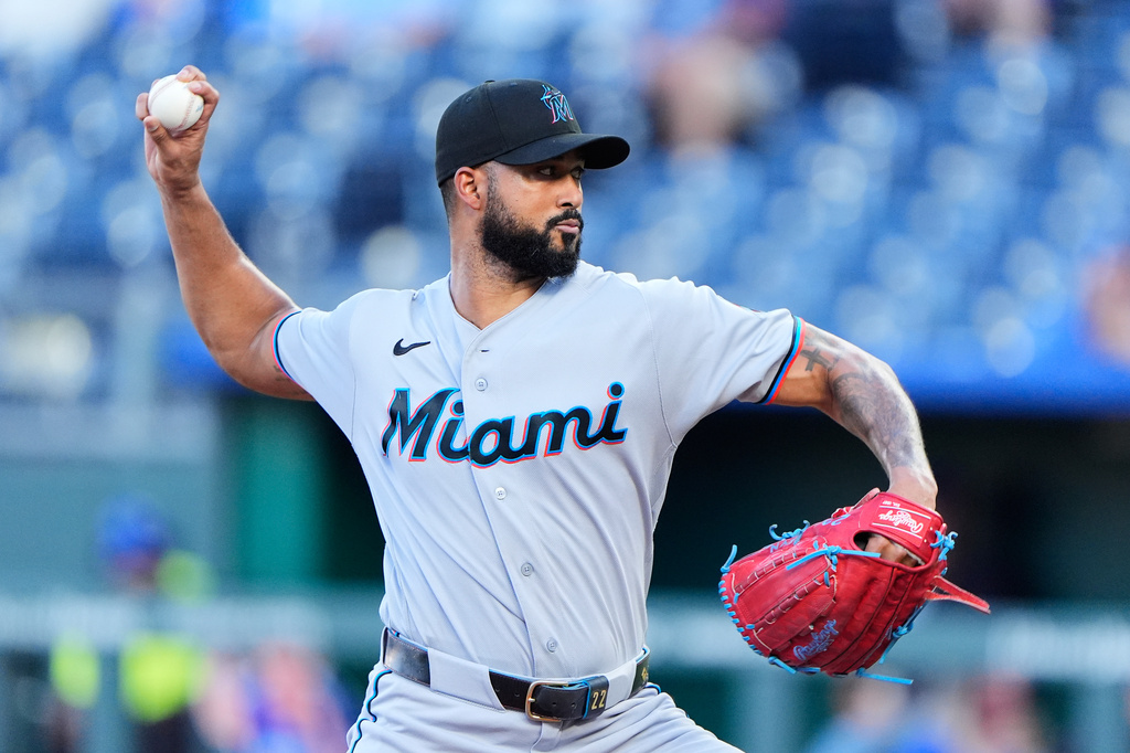 Miami Marlins starting pitcher Sandy Alcantara throws during the first inning of a baseball game against the Kansas City Royals, Thursday, Sept. 3, 2026, in Kansas City, Mo. (AP Photo/Charlie Riedel)