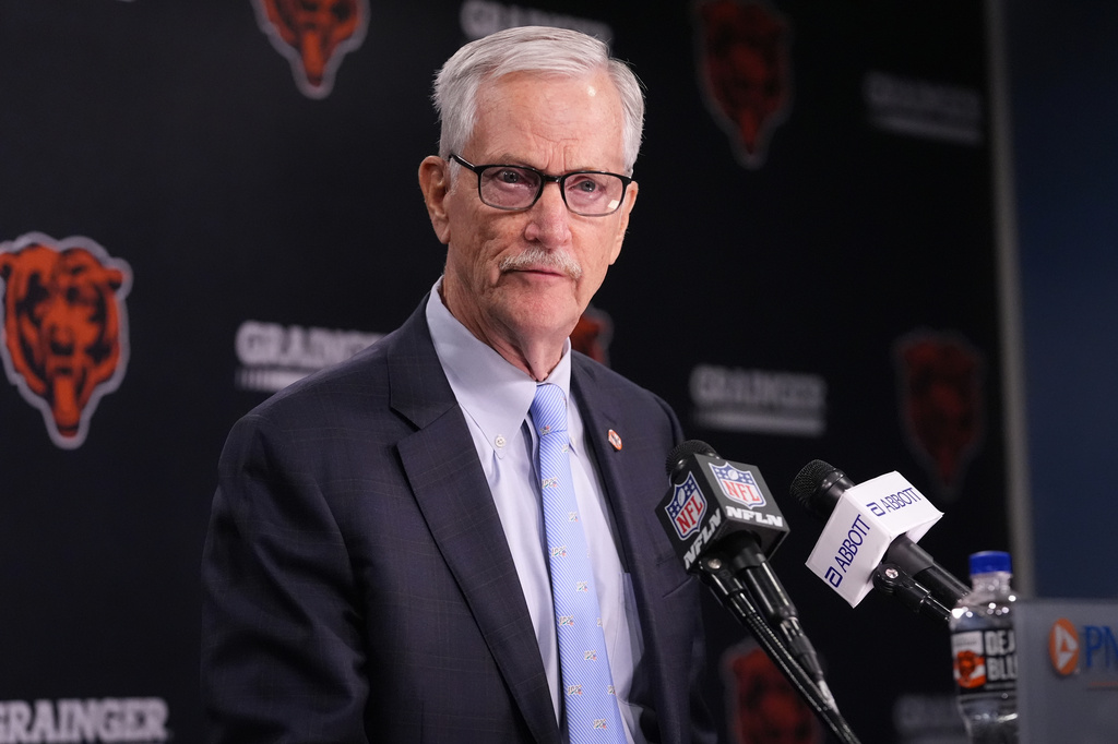 Chicago Bears Chairman George McCaskey addresses the team's ongoing stadium plans during a news conference Thursday, Aug. 13, 2026, in Lake Forest, Ill. (AP Photo/Nam Y. Huh)