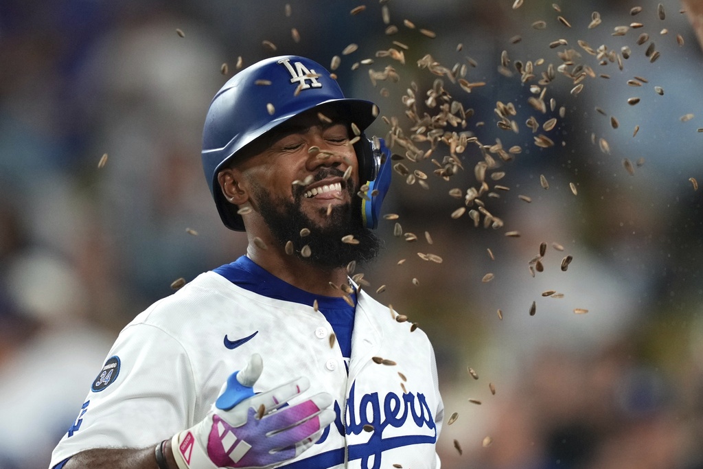 Los Angeles Dodgers' Teoscar Hernández is hit with seeds after hitting a solo home run during the eighth inning of a baseball game against the Colorado Rockies, Tuesday, Sept. 9, 2025, in Los Angeles. (AP Photo/Mark J. Terrill)