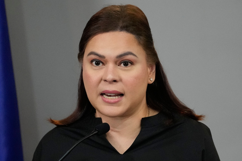 Philippine Vice President Sara Duterte speaks during a press conference on Wednesday, Feb. 18, 2026, in Manila, Philippines. (AP Photo/Aaron Favila)