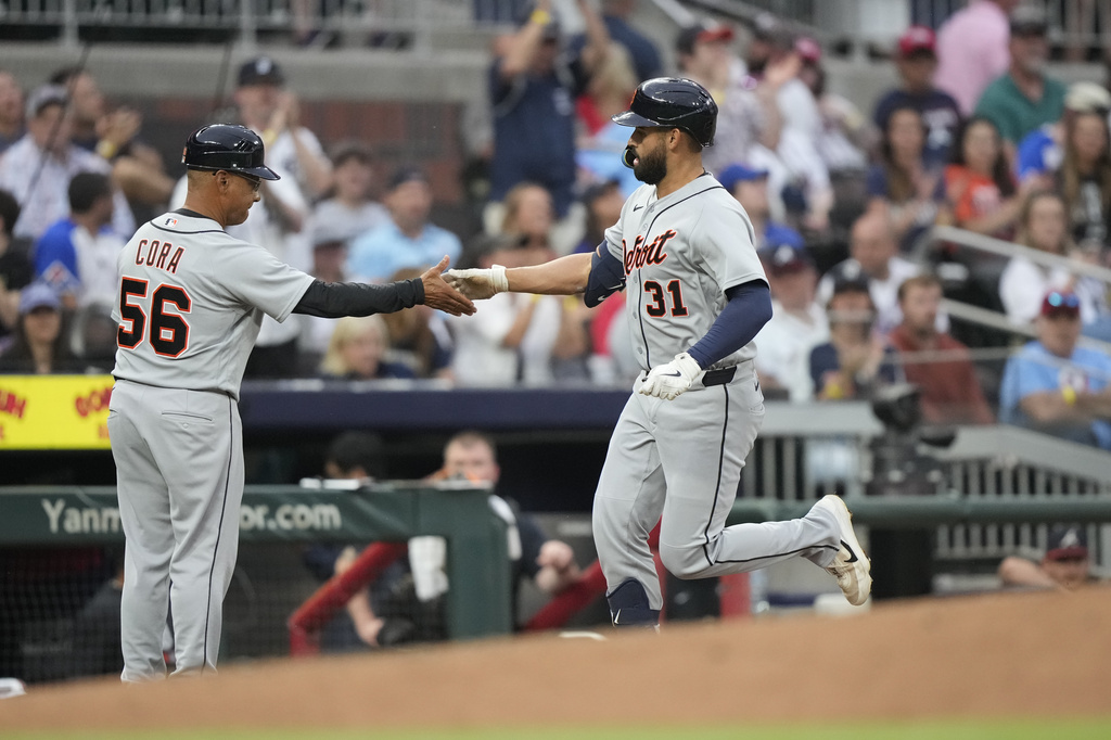 Detroit Tigers' Riley Greene (31) during the second inning of a baseball game Wednesday, Apr. 29, 2026, in Atlanta. (AP Photo/Brynn Anderson)