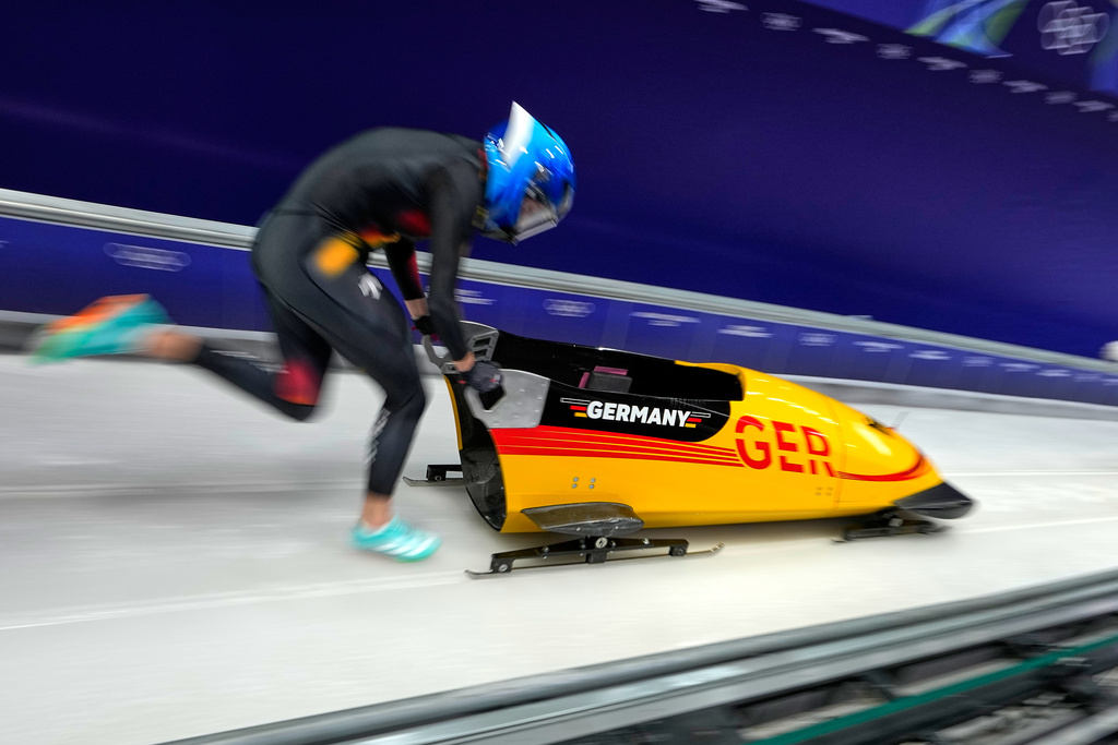 Germany's Laura Nolte starts for a women's monobob run at the 2026 Winter Olympics, in Cortina d'Ampezzo, Italy, Sunday, Feb. 15, 2026. (AP Photo/Aijaz Rahi)
