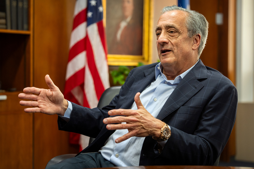 Postmaster General David Steiner speaks during an interview with The Associated Press at the United States Postal Service headquarters, Thursday, Sept. 17, 2026, in Washington. (AP Photo/Mark Schiefelbein)