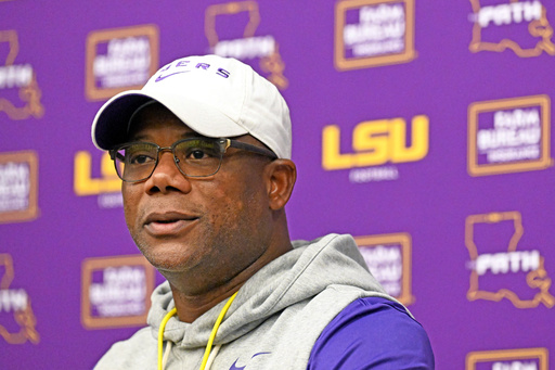 LSU interim head coach Frank Wilson speaks with members of the media during press availability Tuesday, Oct. 28, 2025, in Baton Rouge, La. (Hilary Scheinuk/The Advocate via AP) LSU interim head coach Frank Wilson speaks with members of the media during press availability Tuesday, Oct. 28, 2025, in Baton Rouge, La. (Hilary Scheinuk/The Advocate via AP)