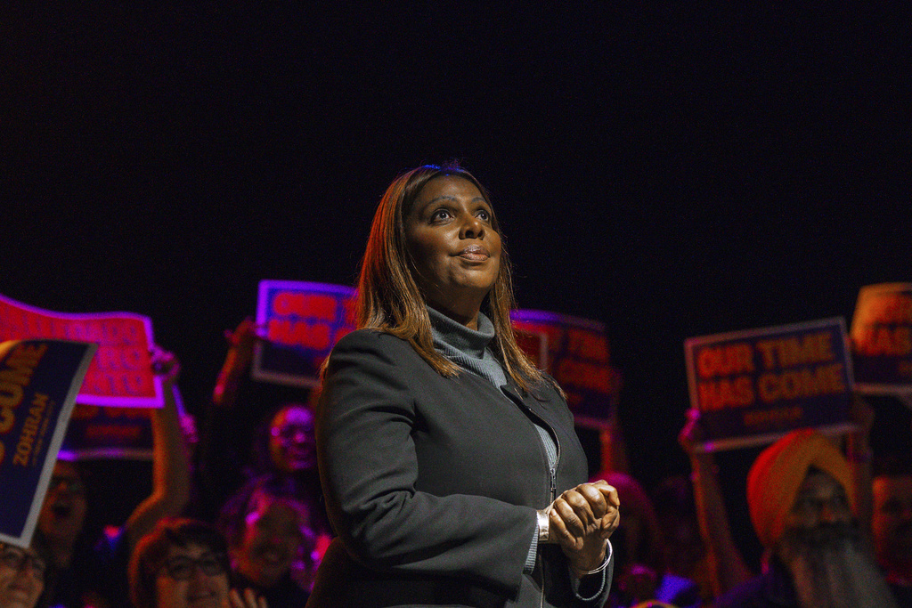 New York Attorney General Letitia James speaks during an event for New York City mayoral candidate Zohran Mamdani, Monday, Oct. 13, 2025, in New York. (AP Photo/Olga Fedorova)