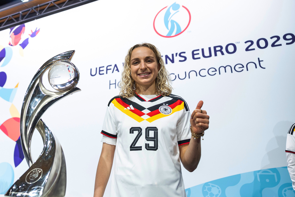 German soccer player Vanessa Diehm poses after Germany was selected to host the 2029 Women's European Championship soccer tournament during a ceremony at UEFA Headquarters, Wednesday, Dec 3, 2025 in Nyon, Switzerland. (Cyril Zingaro/Keystone via AP)