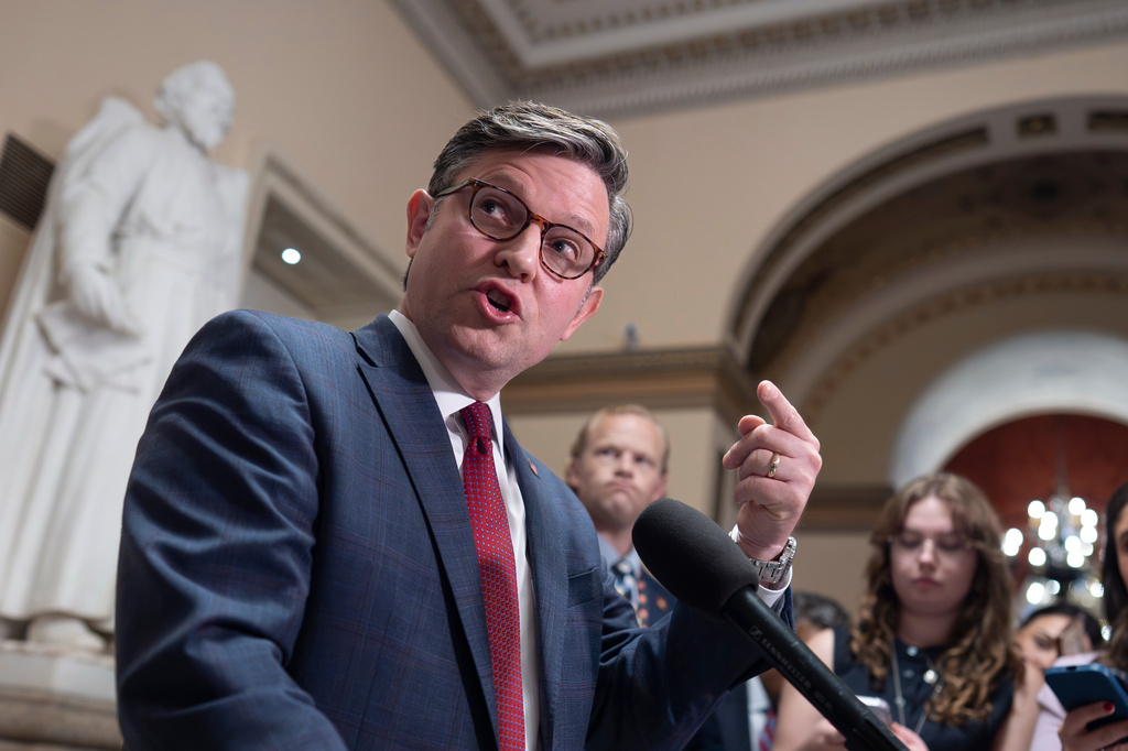 Speaker of the House Mike Johnson, R-La., talks to reporters after the House failed to temporarily extend FISA, the law that allows the U.S. to gather intelligence abroad, at the Capitol in Washington, Thursday, June 11, 2026. (AP Photo/J. Scott Applewhite)