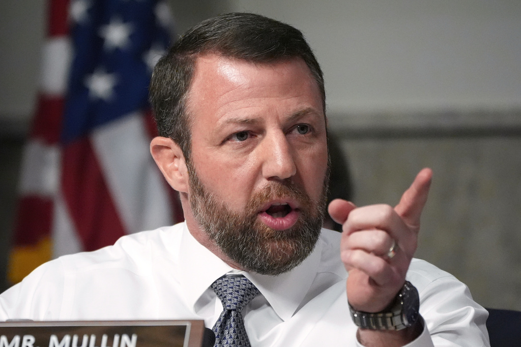 FILE - Sen. Markwayne Mullin, R-Okla. speaks during a Senate Armed Services Committee hearing, Jan. 14, 2025, on Capitol Hill in Washington. (AP Photo/Jacquelyn Martin, File)