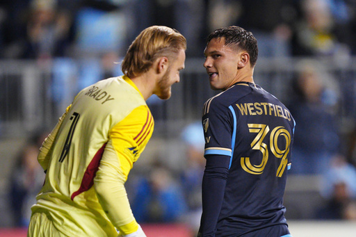 Philadelphia Union's Frankie Westfield (39) looks at Chicago Fire goalkeeper Chris Brady (1) after scoring during a penalty shootout in Game 1 in the first round of MLS soccer's Eastern Conference playoffs, Sunday, Oct. 26, 2025, in Chester, Pa. (AP Photo/Derik Hamilton) Philadelphia Union's Frankie Westfield (39) looks at Chicago Fire goalkeeper Chris Brady (1) after scoring during a penalty shootout in Game 1 in the first round of MLS soccer's Eastern Conference playoffs, Sunday, Oct. 26, 2025, in Chester, Pa. (AP Photo/Derik Hamilton)