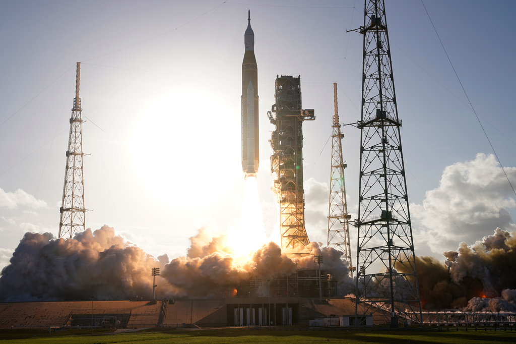 The NASA Artemis II SLS (Space Launch System) rocket with the Orion spacecraft launches at the Kennedy Space Center, Wednesday, April 1, 2026, in Cape Canaveral, Fla. (AP Photo/Chris O'Meara) CORRECTION: photographer is Chris O'Meara, not John Raoux