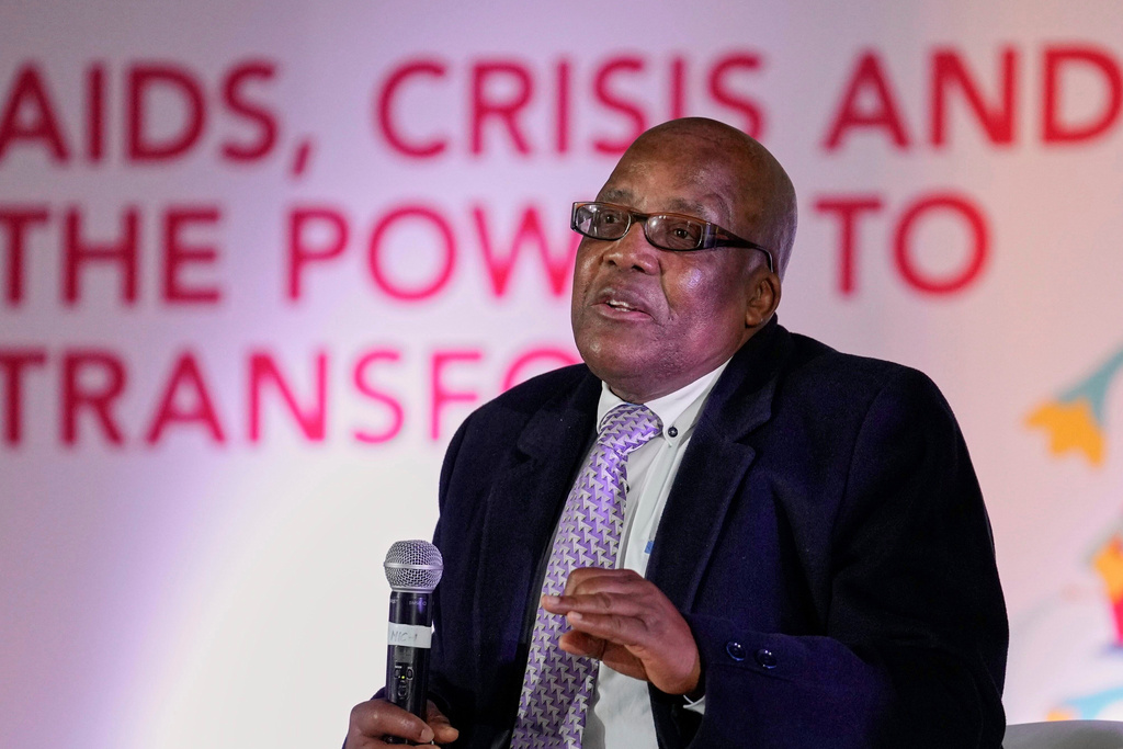 FILE - South Africa's Minister of Health Aaron Motsoaledi, speaks during the UNAIDS report release at Bertha Gxowa Hospital in Germiston, South Africa, July 10, 2025. (AP Photo/Themba Hadebe, file)