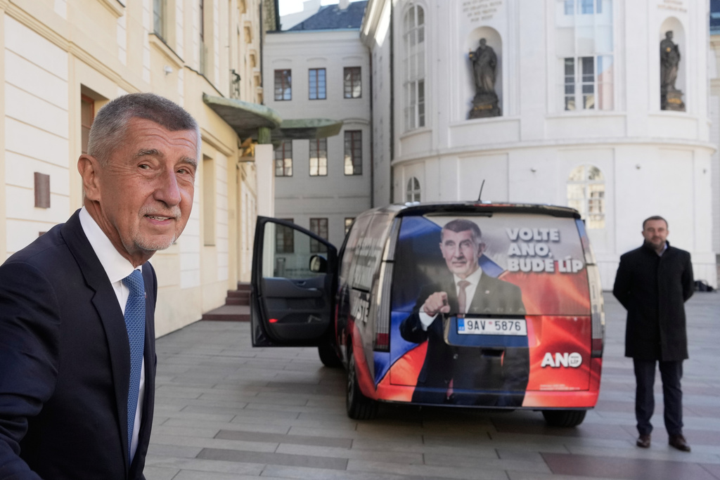 Chairman of opposition "ANO" (YES) movement Andrej Babis leaves after talking with Czech Republic President Petr Pavel a day after he won the parliamentary elections, in Prague, Czech Republic, Sunday, Oct. 5, 2025. (AP Photo/Darko Bandic)
