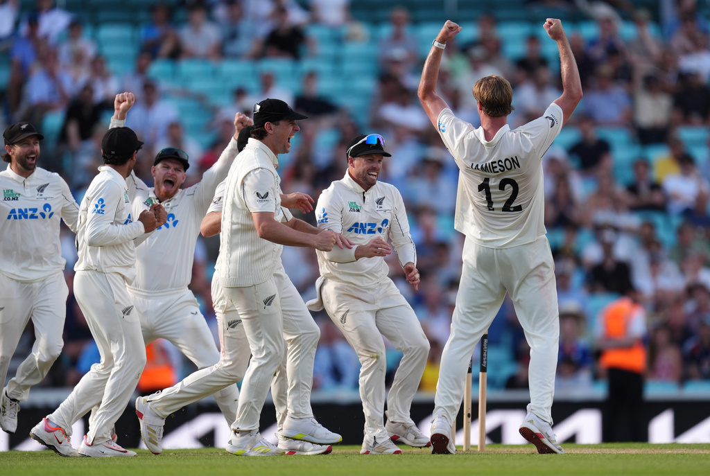 New Zealand's Kyle Jamieson celebrates after England's James Rew is caught on day four of the Second Rothesay Test cricket match between England and New Zealand in London, England, Saturday, June 20, 2026. (Ben Whitley/PA via AP)